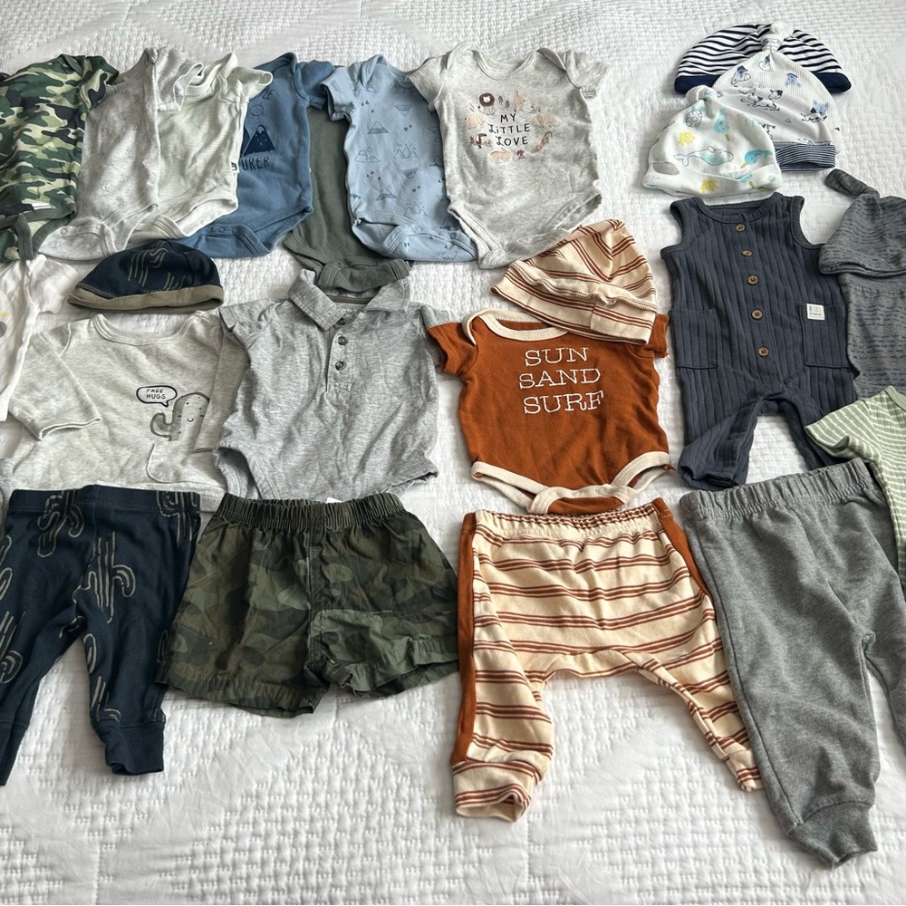 Baby Boy Clothing Bundle 0-3
Months | 28 Pieces | Outfits, Onesies, Hats, EUC